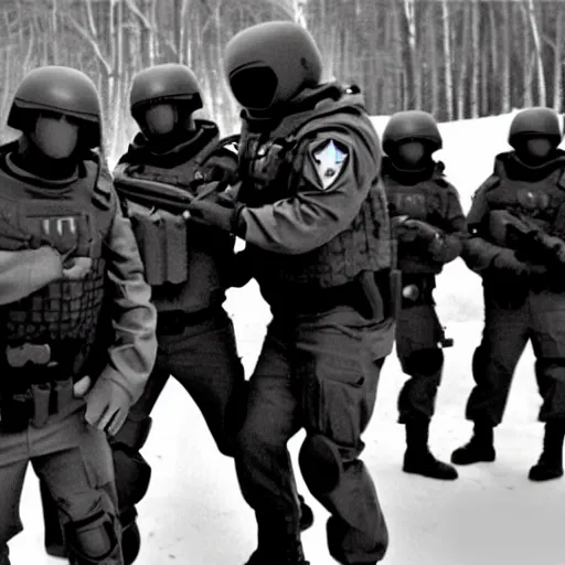 Prompt: spetsnaz arresting an extraterrestrial grey xfiles alien reticulan