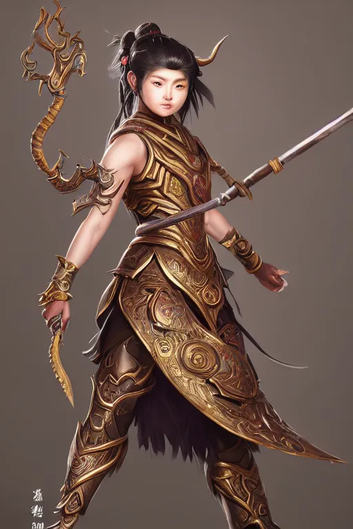 Image similar to a masterpiece portrait of nezha, handsome kid wear holding spear, fantasy character portrait, hyper detailed, digital painting, 8 k realistic, trending on artstation, sharp focus, dof, by ne zha ( 2 0 1 9 ), fenghua zhong, artgerm, ne zha from smite, tsuyoshi nagano, top lighting