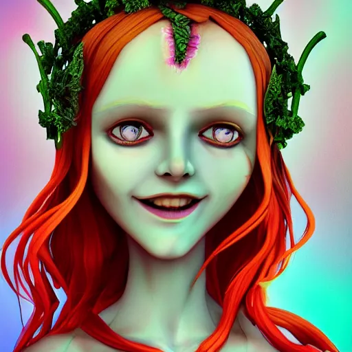 Image similar to cell shaded humanoid onion goddess, flower vine dress, crown, artstation, 4 k gorgeous, smiling, red hair regal, garlic scepter