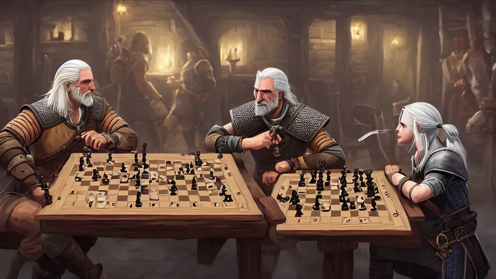 Image similar to Geralt of Rivia and Ciri playing chess in a tavern. geralt de rivia and ciri play at a table in the middle of the tavern, pixel art by Gerardo Quiroz, devian art, 4k