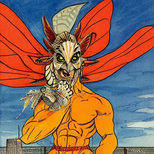 Image similar to ripped physique winged man disguised as a mothra whilst wearing a traffic cone hat transmetropolitan jen bartel winslow homer darick robertson staedtler