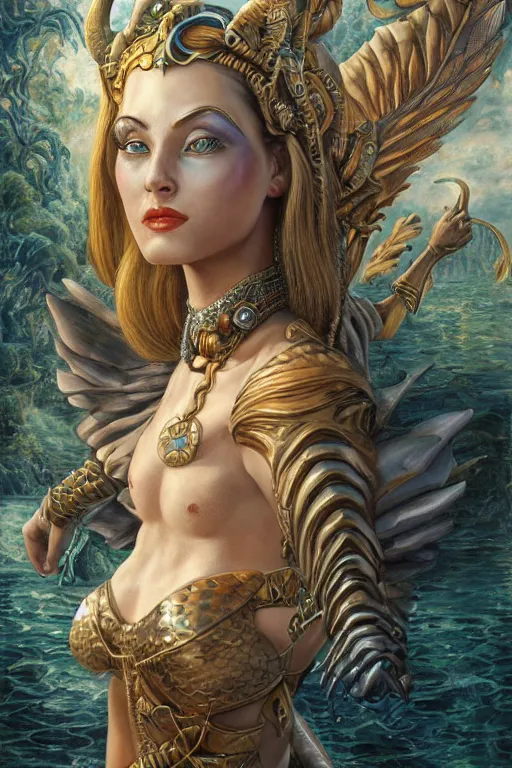 Image similar to Mystical Valkyrie, Portrait of a beautiful female Atlantean Reptilian Warrior, Realistic, Regal, Refined, Detailed Digital Art, Michael Cheval, Walt Disney (1937), François Boucher, Oil Painting, Steampunk, Highly Detailed, Cinematic Lighting, Unreal Engine, 8k, HD