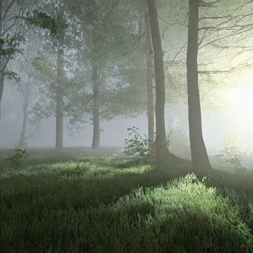 Image similar to photorealistic portal to another dimension in the middle of a forest, foggy, dynamic lighting, sun rays, ray tracing, cinematic, hyperrealism, stunning visuals 8k