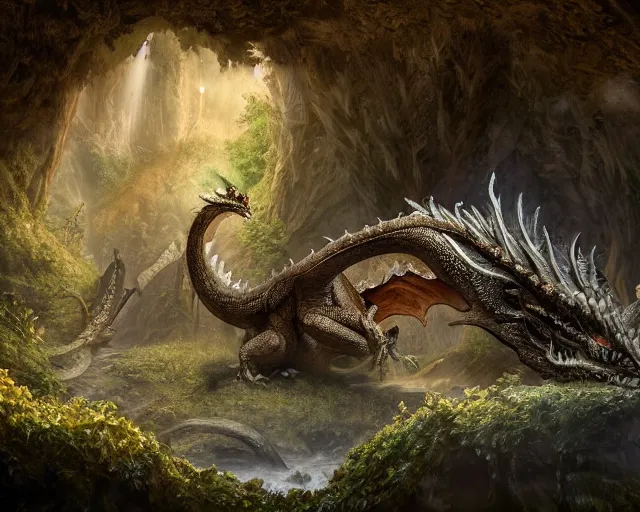 Prompt: Giant Dragon resting in a cave, natural light, dead plants and flowers, elegant, intricate, fantasy, atmospheric lighting, by Peter Morhbacher, HD, highly detailed, 8k