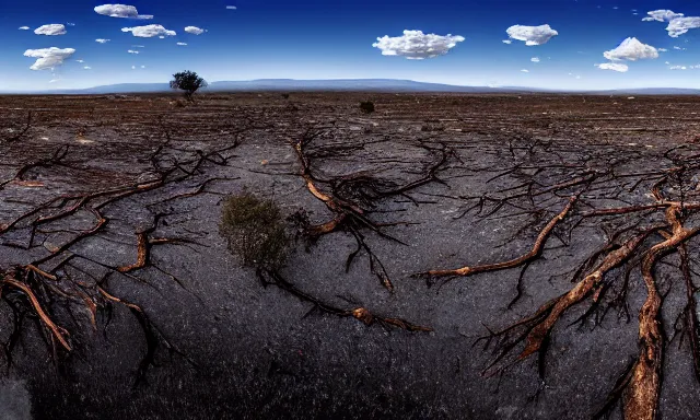 Image similar to panorama of a cloudless rain above a dried up river in a desolate land, dead trees, blue sky, hot and sunny, big raindrops, highly-detailed, elegant, dramatic lighting, artstation, 4k, cinematic landscape, photograph by Elisabeth Gadd