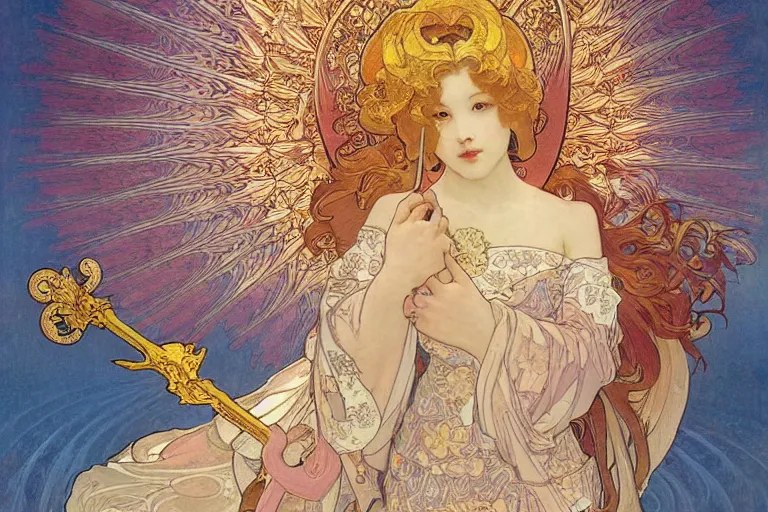 Image similar to glorious beautiful painting of Japanese female angel with flaming sword and golden wings, heavenly background and heavenly light, feminine figure, by James Jean and Alphonse mucha, Neo-Gothic, gothic, Art Nouveau, rich deep moody colors