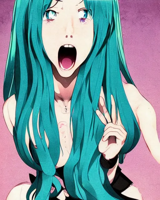 Image similar to Hatsune Miku singing on the scene, symmetrical eyes, beautiful pose, open mouth, art by Elvgren, Vargas and Moran