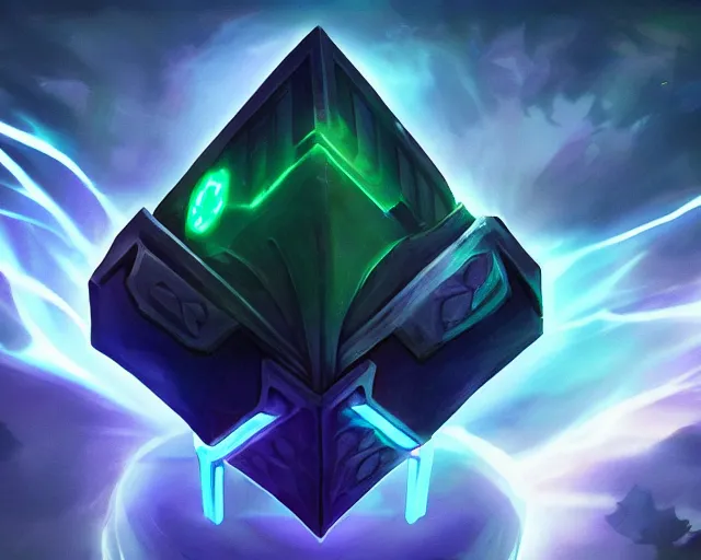 Image similar to league of legends champion splashart of a cube champion, fully rectangle glowing cube.