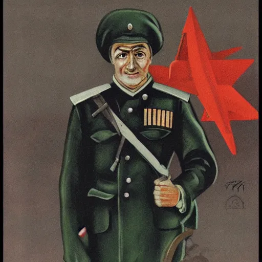 Prompt: soviet propaganda poster depicting a dromaius novaehollandiae in military uniform, painting by dmitti moor