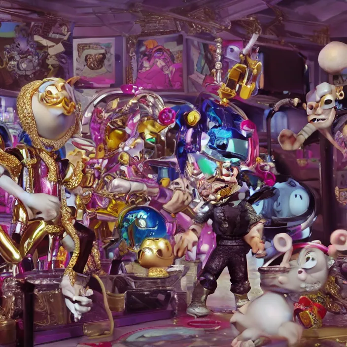 Prompt: jeff koons hip hop bauhaus style street sharks sailor moon wearing diamond grillz and a ton of bussdown iced gold bling in wallace & gromit strata - cut claymation, ultra realistic, concept art, intricate details, serious, highly detailed, photorealistic, octane render, 8 k, unreal engine, art by greg rutkowski and alphonse mucha