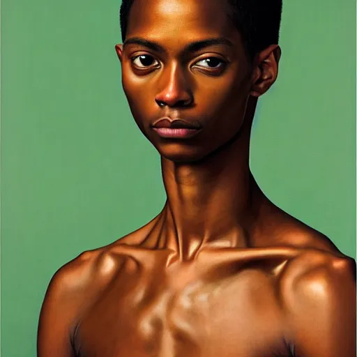 Image similar to A portrait of a skinny modern and stunning non-binary person, medium skin tone, Mexican, oil painting by Kehinde Wiley, majestic, detailed, high resolution