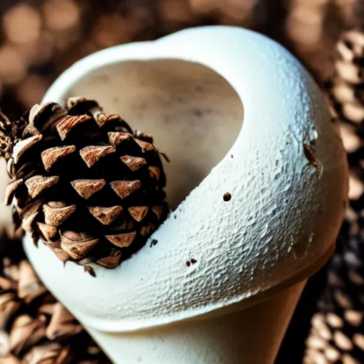 Image similar to a photograph of a levitating ice cream cone, with a pine cone in place of ice cream. shallow depth - of - field.