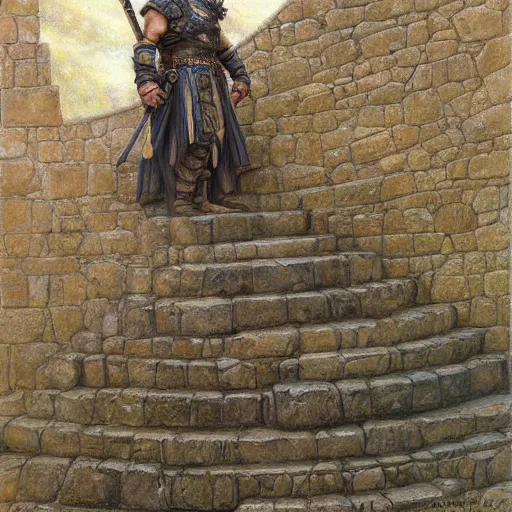 Prompt: The dwarven warrior cleric is standing on the stone spiral staircase and is confused, art by Donato Giancola and James Gurney, digital art, trending on artstation