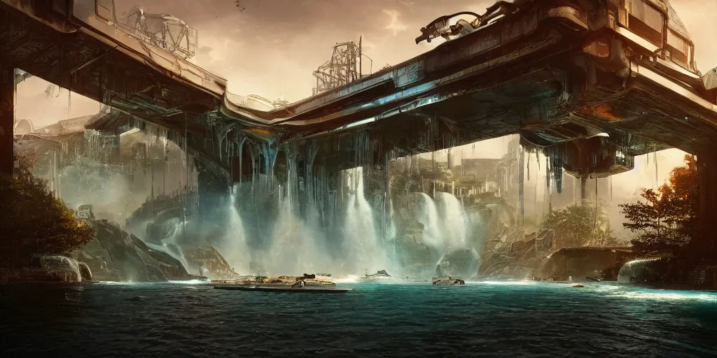 Image similar to alien spacecraft hovering over beautiful pool waterfalls surrounded by alien robots, steel archways, industrial buildings, rusty metal towers, sun setting, ross tran, fantasy, james jean,, cinematic lighting, digital painting, octane render