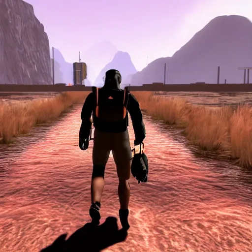 Prompt: gordon reaches his destination, black mesa east, after a series of chases through the canals.