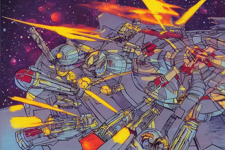 Prompt: space gladiators fighting in a space arena, by Moebius, highly detailed
