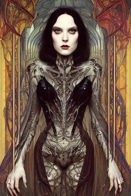 Prompt: masterpiece painting of beautiful demonic countess girl by donato giancola, h. r. giger and tom bagshaw, face by artgerm and edmund leighton, background by james jean and alphonse mucha, 8 k, gothic horror, majestic, volumetric lighting, porcelain skin, art deco, trending on pixiv