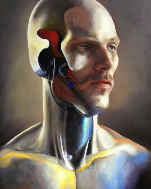 Image similar to sweet portrait of a cyborg man, oil painting. HD