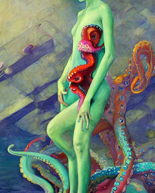 Image similar to a beautiful girl wearing a colourful octopus as a dress, painted by edgar maxence, edward hopper, wayne barlowe and james gilleard, airbrush, art by jamesjean