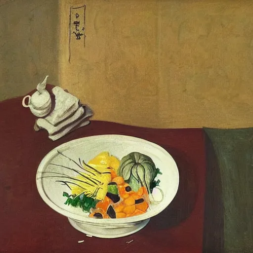 Image similar to “a portrait in an art student’s apartment, a feminine pig’s head in a large salad bowl, pomegranate, pork, ikebana white flowers, white wax, squashed berries, acrylic and spray paint and oilstick on canvas, by munch and Dali”