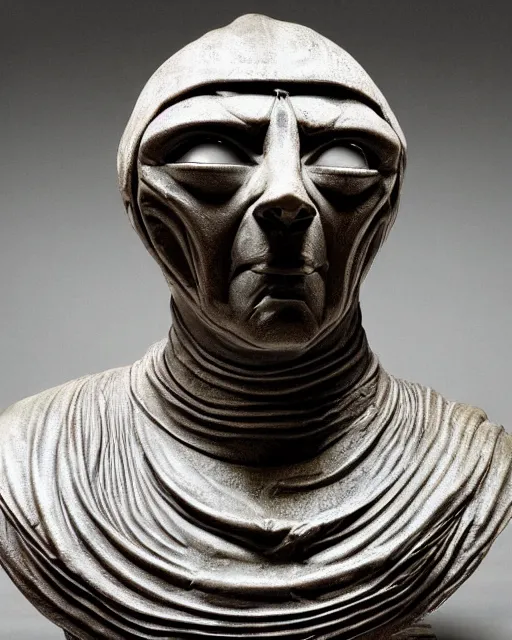 Prompt: a futuristic bust of an alien deity, in the style of ancient rome