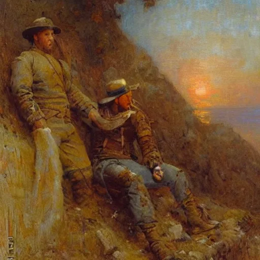 Prompt: Gaston Bussiere painting of tired and battered soldiers looking up and observing the first rays of sunlight during dawn break, dramatic painting, dark, scary, hopeful