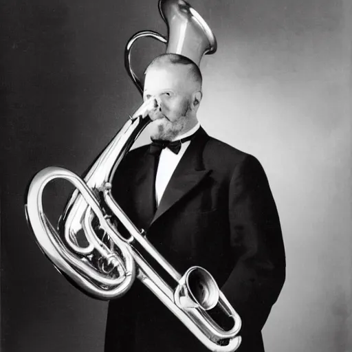 Image similar to a man standing on a stage in a suit and tie with a tuba instead of a head, photograph