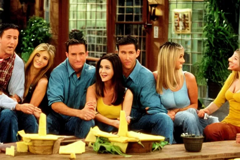 Image similar to the episode of Friends where everyone gets covered in vermont yellow cheese