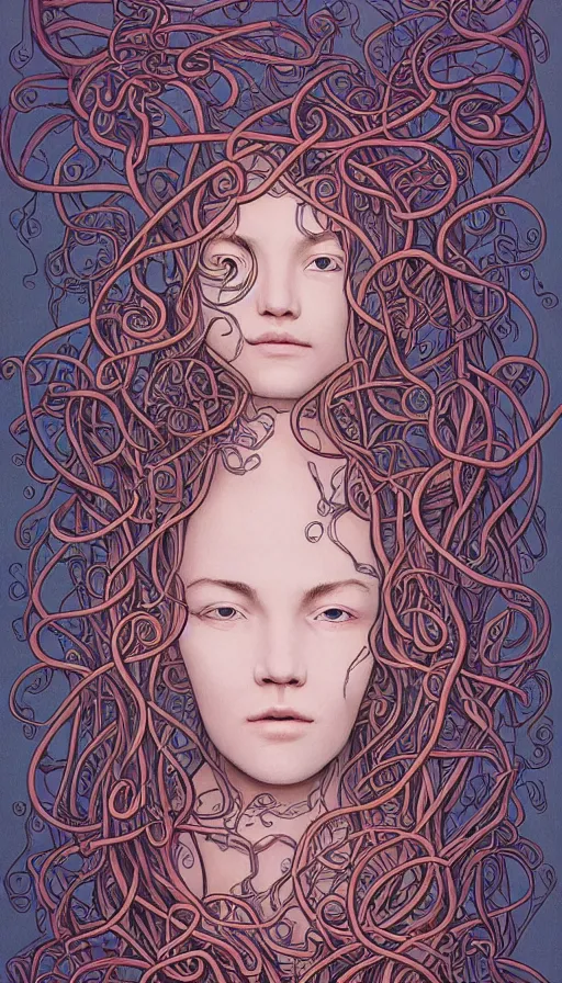 Image similar to very detailed portrait of a 2 0 years old girl surrounded by tentacles, the youg woman visage is blooming from fractal and vines, by james jean,