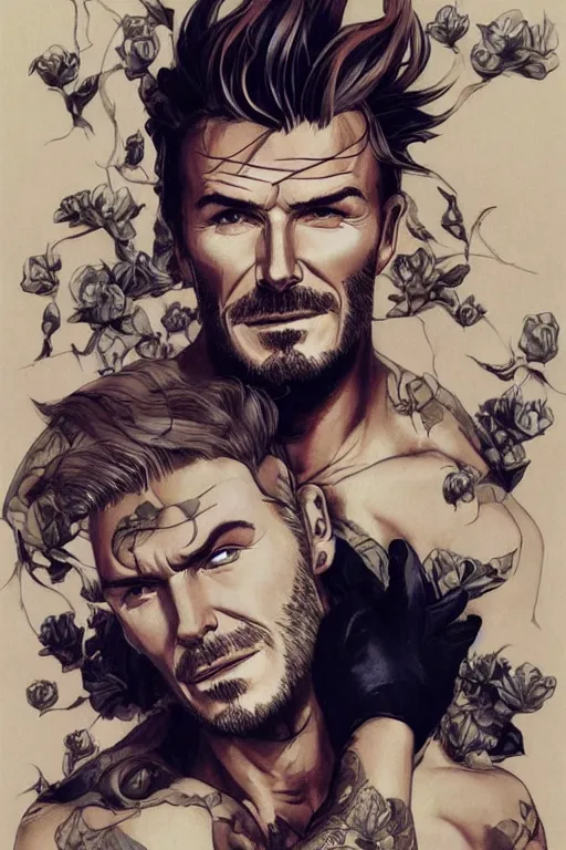 Prompt: Portrait of David Beckham in the style of JoJo's Bizarre Adventure, by Hirohiko Araki, rugged beard, long dark hair, beautiful bone structure, realistic body proportions, intricate, elegant, realistic face, highly detailed, digital painting, artstation, concept art, smooth, sharp focus, manga illustration, art by artgerm and greg rutkowski and alphonse mucha