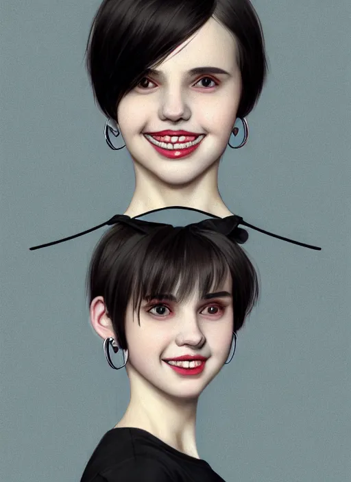 Image similar to portrait of white teenage girl, narrow face, short black hair, bangs, half updo hairstyle, buck teeth, smile, unattractive, defined jawline, long chin, wearing hair bow, earrings, intricate, elegant, glowing lights, highly detailed, digital painting, artstation, sharp focus, illustration, art by wlop, mars ravelo and greg rutkowski