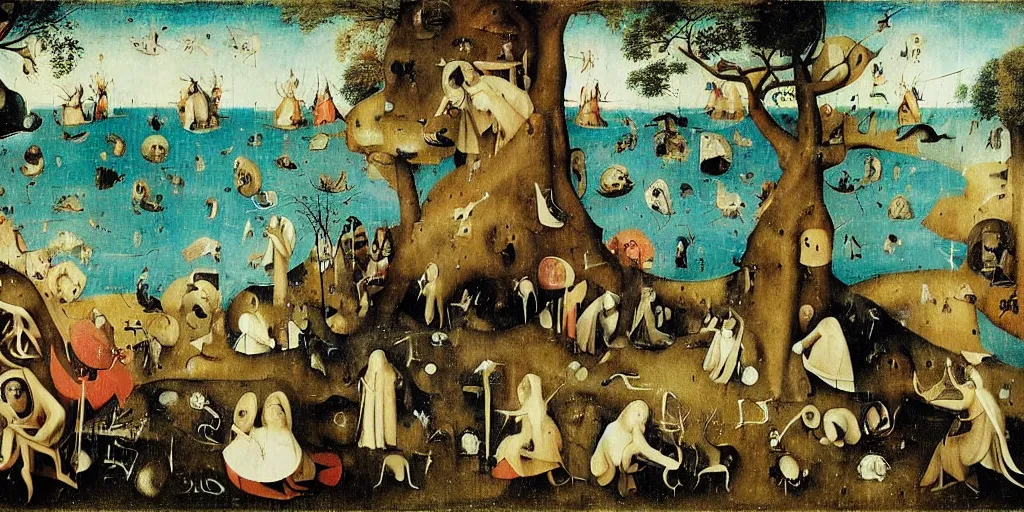 Image similar to in the endless forest there was a blue sea, and five men in suits stood evenly, holding out their hands in the direction of the sea ， by hieronymus bosch