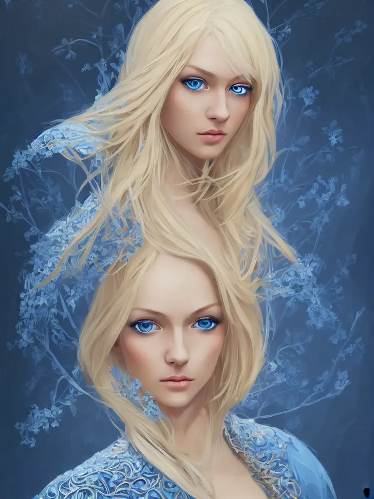 Image similar to A beautiful blonde Slavic woman in her early 30’s, highly detailed full body, beautiful blue eyes, detailed, wearing fancy clothes, highly detailed figure, epic composition, ultra wide-shot, dynamic pose, concept art, beautifully lit, digital painting, smooth, desaturated color theme, character design, sharp focus, elegant, intricate, post processing, artstation, by WLOP, James Jean, Victo Ngai, ryohei hase