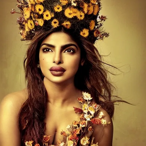 Image similar to fine art photo of the beauty goddess priyanka chopra, she has a crown of dried flowers, by oleg oprisco