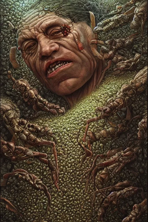 Prompt: a man whose arm is covered in painful alien bug eggs. art by tomasz alen kopera and glenn fabry.