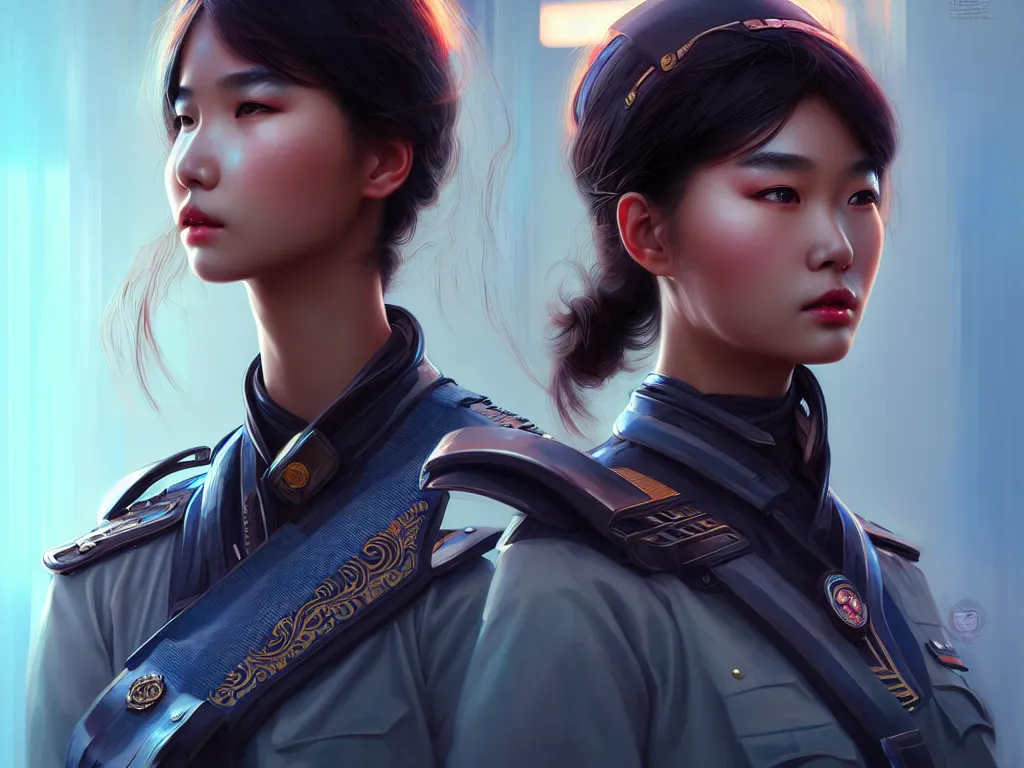 Image similar to portrait futuristic vietnam police uniform girl, at future neon light rooftop, ssci - fi and fantasy, intricate and very very beautiful and elegant, highly detailed, digital painting, artstation, concept art, smooth and sharp focus, illustration, art by tan zi and ayanamikodon and alphonse mucha and wlop