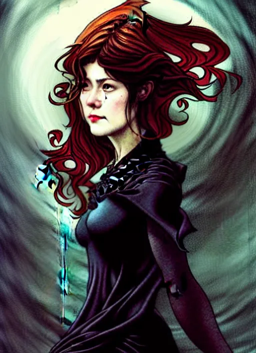 Image similar to style of arthur rackham, artgerm, rafael albuquerque, steve niles : : gorgeous mary elizabeth winstead : : evil sorceress, swirling black magic, black dress : : symmetrical face, symmetrical eyes : : full body pose : : gorgeous red hair : : cinematic lighting : :