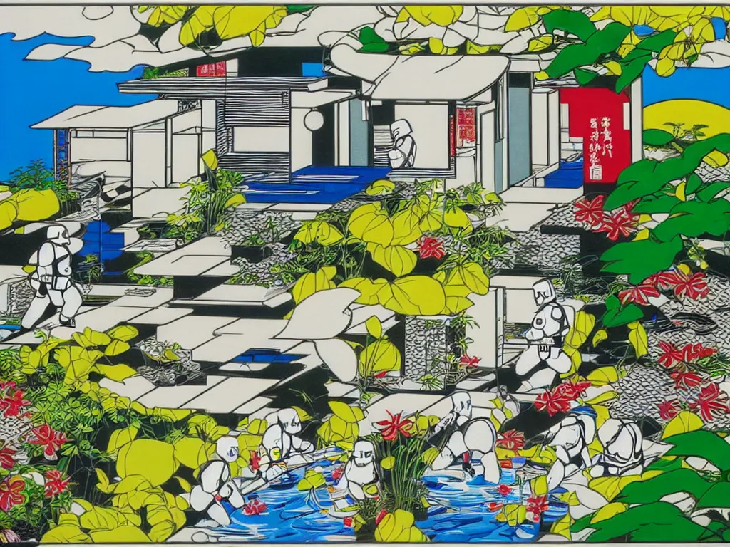 Image similar to hyperrealistic composition of the japanese home with a garden and a pond, 2 stormtroopers sitting around it, pop - art style, jacky tsai style, andy warhol style, roy lichtenstein style, rich palette, acrylic on canvas