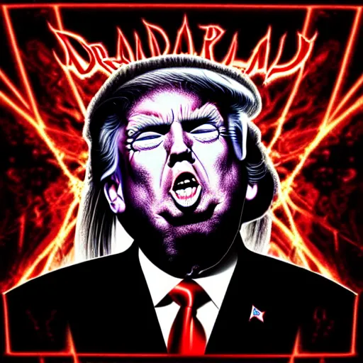 Image similar to a horrific death metal album cover of donald trump with laser eyes, trending on artstation
