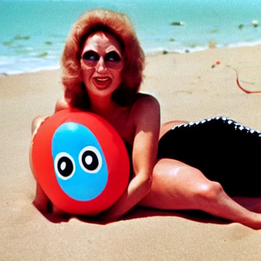 Prompt: 1976 woman wearing a happy squishy inflatable prosthetic mask with googly eyes, soft color wearing a swimsuit at the beach 1976 color film 16mm holding a an inflatable fish Fellini John Waters Russ Meyer Doris Wishman old photo
