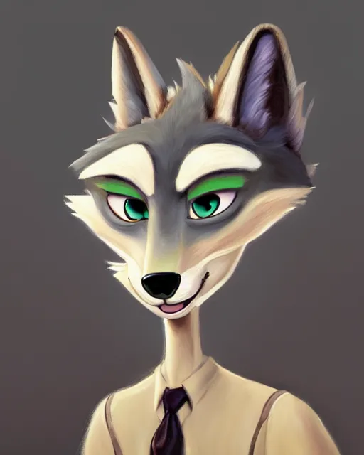 Image similar to oil painting of anthromorphic female wolf, in style of zootopia, female fursona, furry, furaffinity, 4 k, deviantart, furry art, fursona art, wearing black business suit, business suit, wolf fursona, female, very expressive detailed feminine face,