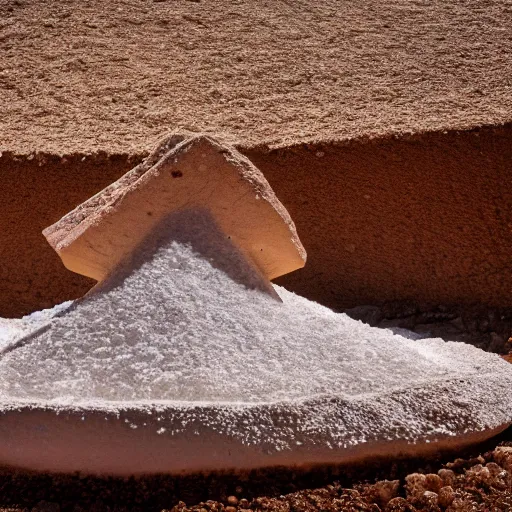Image similar to mound of salt shaped like a 30 year old woman in ancient Canaanite clothing, cracked desert background. somber. haunting. 40mm lens, shallow depth of field, split lighting