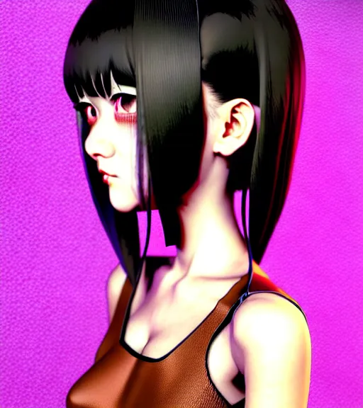 Image similar to girl with morbid thoughts wearing a black spring dress with short brown hair, queen of sharp needles and under the effect of psychosis, by Range Murata, Katsuhiro Otomo, Yoshitaka Amano, and Artgerm. 3D shadowing effect, 8K resolution.