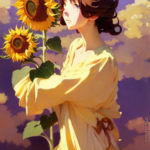 Image similar to beautiful sunflower anime girl, krenz cushart, mucha, ghibli, by joaquin sorolla rhads leyendecker, by ohara koson and thomas