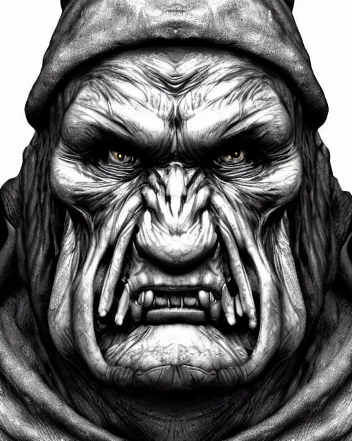 Image similar to orc, hyper realism, fine details, deviantart artstation, extremely detailed, black and white, very sharp, in the style of albrecht durer