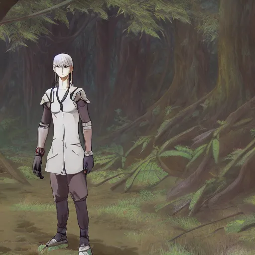 Image similar to concept art painting of an anthropomorphic anime gray fox wearing a tunic, in the deep forest, realistic, detailed, cel shaded, in the style of makoto shinkai and greg rutkowski and james gurney