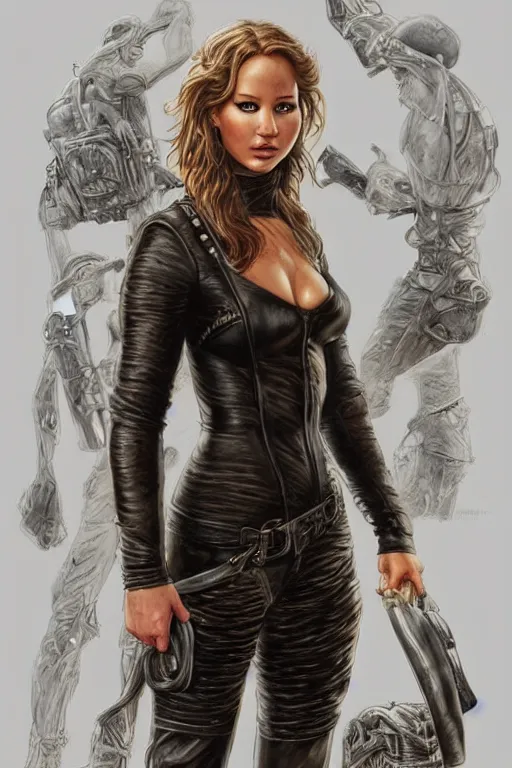 Image similar to muscled Jennifer Lawrence as a ruggedly handsome heroine , dressed in biker leather, intricate, elegant, highly detailed, centered, digital painting, artstation, concept art, smooth, sharp focus, illustration, art by artgerm and donato giancola and Joseph Christian Leyendecker, Ross Tran, WLOP