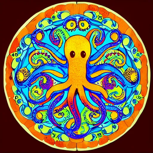 Prompt: a cute octopus in a colorful ornate wooden mandala with intricate fine details