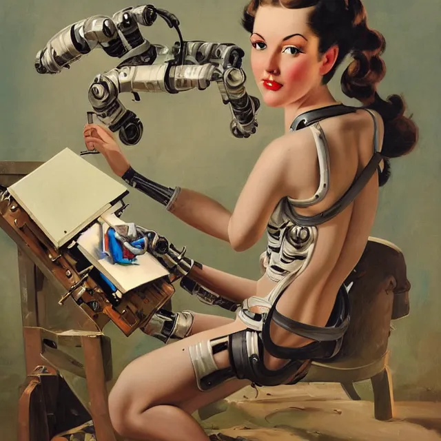 Image similar to robot artist painting a self - portrait on a canvas. intricate, highly detailed, digital matte painting in the style of gil elvgren and in the style of h. r. giger. irony, recursion, inspiration.