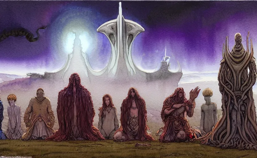 Prompt: a hyperrealist watercolour character concept art portrait of a group of druids kneeling down in prayer to a tall elegant lovecraftian alien on a misty night on the moors of ireland. a battlecruiser starship is in the background. by rebecca guay, michael kaluta, charles vess and jean moebius giraud